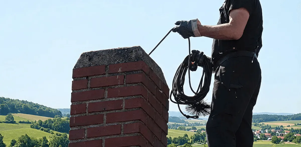 Chimney sweep inspecting and cleaning a rooftop chimney in Dover, DE