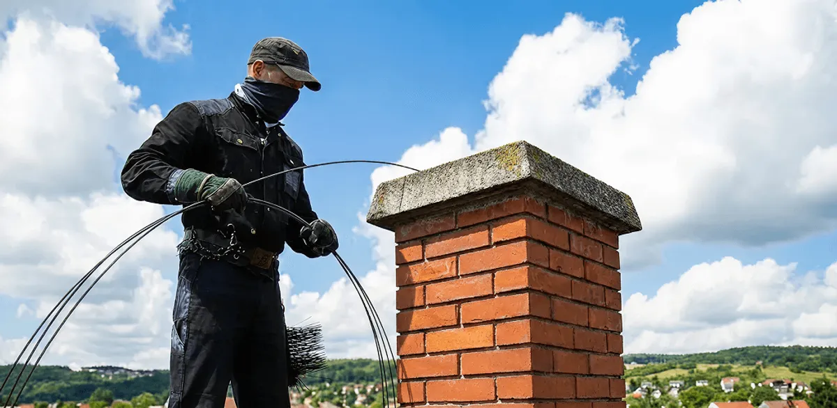 Chimney sweep cleaning a brick chimney with professional tools in Dover, DE